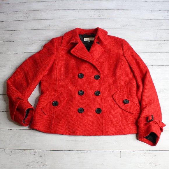Jones New York Vintage Women's Peacoat Jacket Size M Red Tweed Wool Blend - Picture 1 of 9